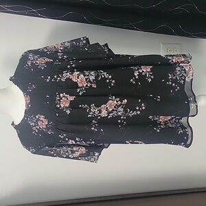 Floral Flutter Sleeve Blouse - Black with Floral 2X